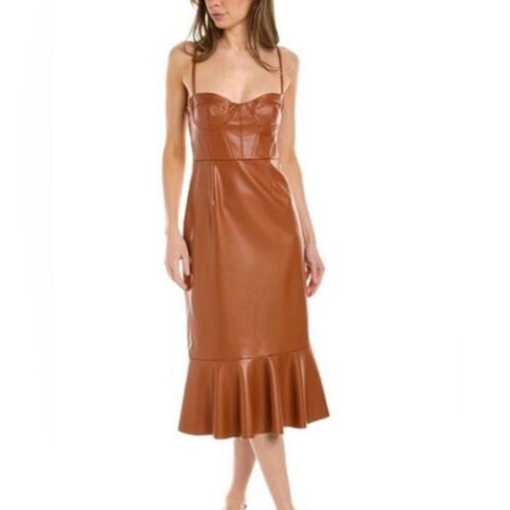 HUTCH Anthropologie Zaya Faux Leather Corset Midi Dress Cognac Brown 
Size 2 NWT